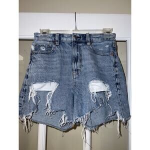 American Eagle Baggy Mom Shorts Womens 00 Stretch Denim HighRise Distressed Blue